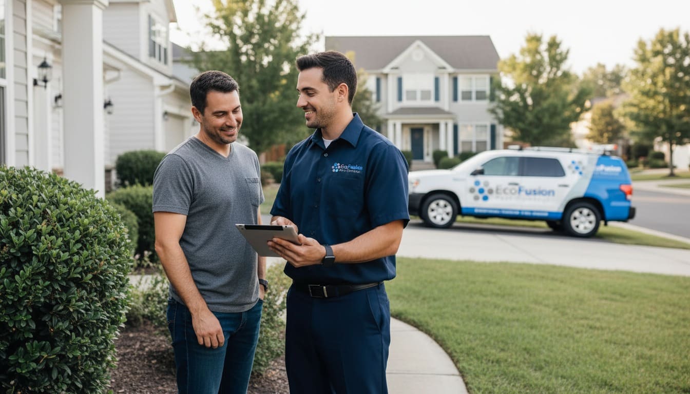 Secane pest controller consulting with homeowner